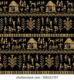 Warli painting seamless pattern - hand drawn traditional the ancient tribal art India. Rudimentary Technique depicting rural life of the inhabitants of India. Gold on a black background