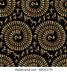 Warli painting seamless pattern - hand drawn traditional the ancient tribal art India. Rudimentary Technique depicting rural life of the inhabitants of India. Gold on a black background