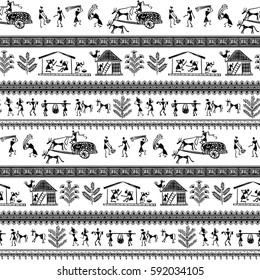Warli painting seamless pattern - hand drawn traditional the ancient tribal art India. Pictorial language is matched by a rudimentary technique depicting rural life of the inhabitants of India