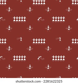 Warli painting seamless pattern , isolated on brown , warli people with music instruments ,repeat pattern 