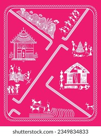 Warli Painting: Serene Village Home Framed by Forest, Capturing Enjoyment. Warli Painting. Wallpaper illustration, warli art.