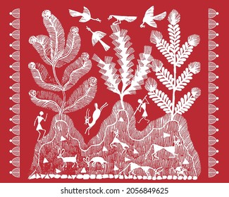 Warli painting showing enjoying wildlife illustration