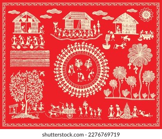 Warli painting showing farming is the main way of life and a large source of food for the tribe. Bull car, Tree, bird real life shown in Warli painting. Modern Paintings, Wallpaper illustration Vector