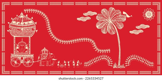 Pintura warli que muestra ganesh yatra con músico, instrumento musical, elefante. Pintura que muestra natural, pájaro, árbol y felicidad de la vida india con la naturaleza. Vida rural india en pintura artística.