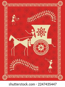 Warli Gemälde mit Pferdekart. Indische Kultur. Modernes Gemälde, Kunst, Illustration, Vektorgrafik.