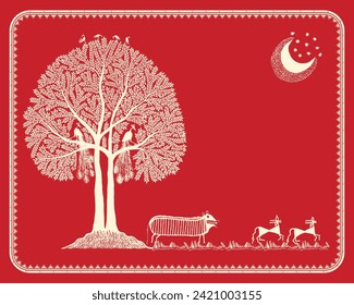 Warli painting showing Indian painting depicting wild life. Wildlife Harmony - Warli Painting Depicting Indian Wilderness. Indian Wildlife Warli Art,Nature and Wildlife Warli Painting,Rural Life Wild.