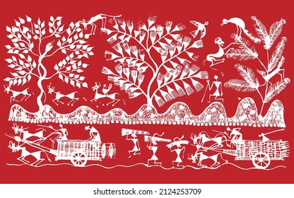 Warli painting showing Indian farmer and farm work with beautiful nature painting, Illustration