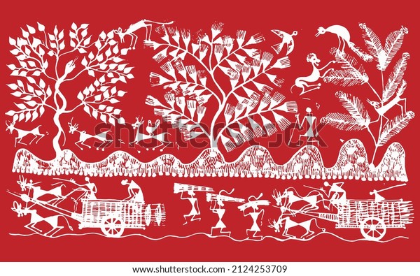 Warli painting showing Indian\
farmer and farm work with beautiful nature painting,\
Illustration