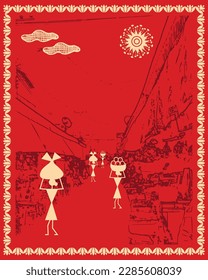 Warli painting showing indian market and street shopping. Warli Painting, Wallpaper illustration, warli art, Vector .