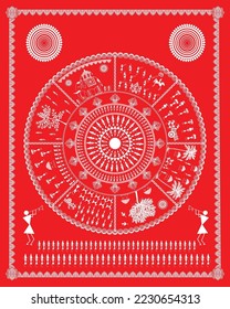 Warli Gemälde zeigen indische ländliche Wirtschaft, Feiern, Glück. Kunst, Vektorgrafik, Illustration, Wandmalerei