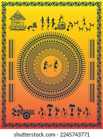 Warli painting showing indian rural, village women daily work. Mandala Art and Warli art combination. Modern painting, art, illustration, vector.