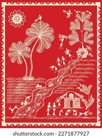 Warli painting showing indian rural area, River, trees, birds. Modern Paintings, Bird and Tree Warli art, Wallpaper illustration Vector warli art.