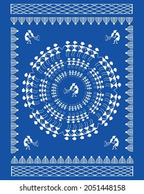 Warli painting showing indian traditional dance vector and illustration in blue color background 