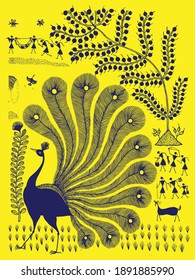 Pintura warli que muestra la naturaleza, celebración de los agricultores en el dibujo de ilustraciones de las zonas rurales. Mostrar pavo real en vector