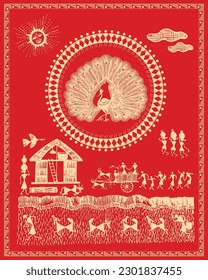 Warli Malerei zeigt Pfau und indianisches Landleben mit schöner Kombination aus Mensch und Natur.