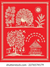 Warli painting showing peacock. Modern Paintings, Wallpaper illustration Vector warli art. Tree, bird real life.