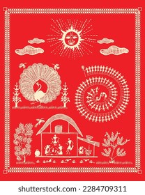 Pintura warli que muestra pavo real, danza tradicional, vida real india. diseño tradicional de pavo real indio. Pintura de pájaro y arbolado, ilustración de papel tapiz arte de vectores warli.