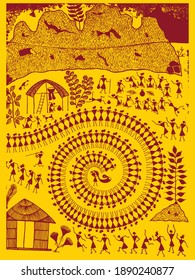 Warli Painting Showing Rural Life Of India. Indian Art Of Painting Background Vector Illustration.