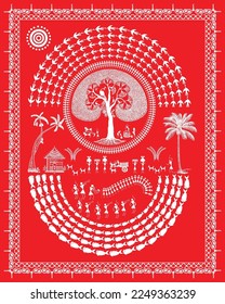 Warli painting showing Tribal Lifestyle. Indian rural life in art painting. Modern painting, art, illustration, vector, drawing and wall painting.