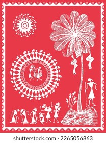 Warli Gemälde mit Tribal Lifestyle. Indisches ländliches Leben in Kunstmalerei. Kunst, Vektorgrafik, Zeichnung, Moderne Malerei, Illustration und Wandmalerei.