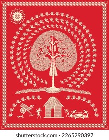 Warli painting showing Tribal Lifestyle. Painting showing natural, Bird, tree and happiness of indian rural life with nature. Indian rural life in art painting. Art, Vector, drawing, Modern painting,