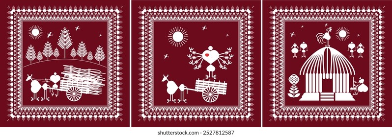 warli painting,Landscape, village and Farming Chikan stand on the House City and village