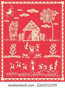 Warli paintings showing beautiful night moment in rural areas. Rural area with beautiful nature in warli wall painting. Illustration, Vector, Drawing.