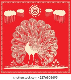 Warli peacock painting on canvas. Modern Paintings, Bird and Tree Warli painting, Wallpaper illustration Vector warli art.