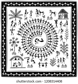 Warli peynting - hand drawn traditional the ancient tribal art India. Pictorial language is matched by a rudimentary technique depicting rural life of the inhabitants of India