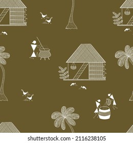 Warli seamless pattern, indian tribal art, fabric printing , crockery, cushion covers, curtains, book covers, gift wrapping