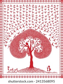 Warli Tranquility: Nature's Harmony with Tree, Birds, and Rural Life. Warli Artwork with Nature, Ethereal Tree and Birds Illustration, Rural Life Harmony in Warli Style.