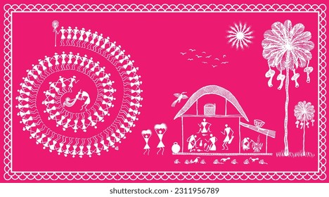 Warli Whispers: Celebrating Tribal Traditions through Art. Warli Wonder: Tree, Bird, and Kids Engaged in Joyful Play. Warli Painting. Wallpaper illustration, warli art.