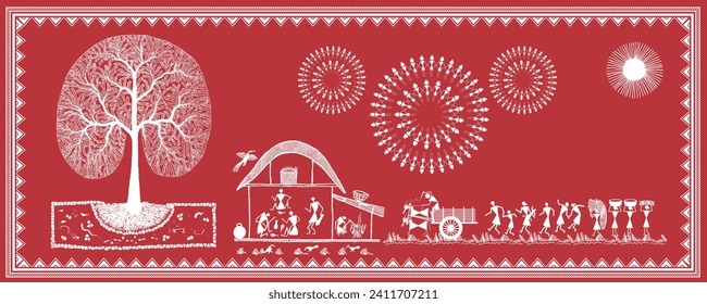 Warli Wonders: Die ländliche Ruhe erobern. Warlische Kunst, Illustration des ländlichen Lebens, traditionelle indische Malerei.