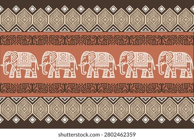 A Warli-inspired tribal border illustration featuring a row of decorated elephants surrounded by geometric tribal ornaments and traditional ethnic motifs in a seamless horizontal composition. The warm earthy color palette of terracotta, brown, beige, and cream reflects the handcrafted beauty of indigenous folk art. This decorative illustration is ideal for textile and fabric printing, wallpaper, gift wrap, stationery, packaging, home décor, scrapbook projects, surface pattern design, cultural publications, and commercial stock artwork. Clean, balanced, and highly versatile for both traditional and contemporary design applications.