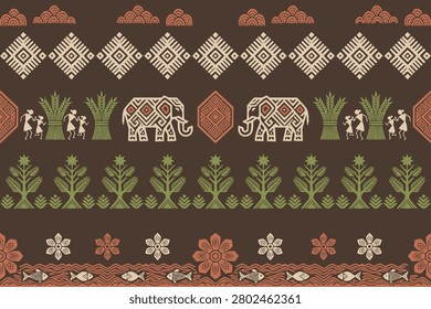A Warli-inspired tribal border illustration featuring a row of decorated elephants surrounded by geometric tribal ornaments and traditional ethnic motifs in a seamless horizontal composition. The warm earthy color palette of terracotta, brown, beige, and cream reflects the handcrafted beauty of indigenous folk art. This decorative illustration is ideal for textile and fabric printing, wallpaper, gift wrap, stationery, packaging, home décor, scrapbook projects, surface pattern design, cultural publications, and commercial stock artwork. Clean, balanced, and highly versatile for both traditional and contemporary design applications.