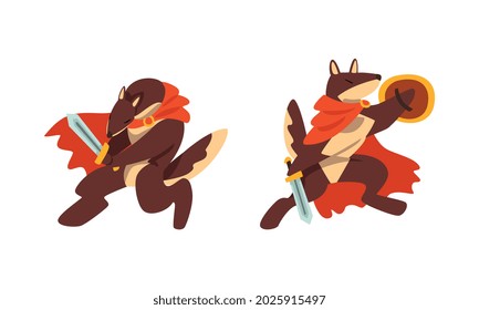 Warlike Animals Set, Hund in Red Cape Kämpfe mit Schwertkartoon Vektorgrafik