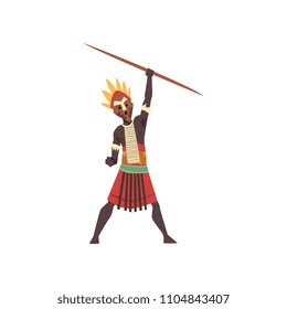 Warlike Black Native Man Of African Tribe Holding Spear Vector Illustration On A White Background