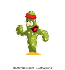 Warlike cactus character, succulent plant with funny face vector Illustration on a white background
