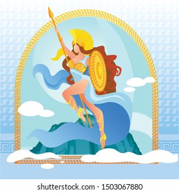 Warlike Goddess Athena in Golden Armor on Top of Olympus Mountain with Clouds in Sky. Deity of Victorious War in Greek Culture. Athletic Woman Holding Shield and Spear Cartoon Flat Vector Illustration