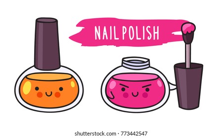 Warlike nail polish with brush. Cute cartoon doodle character with evil face. Vector flat illustration.