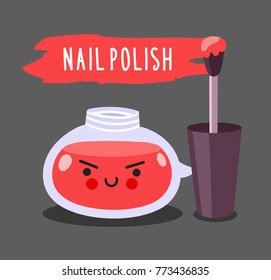 Warlike red nail polish with brush. Cute cartoon doodle character with evil face.