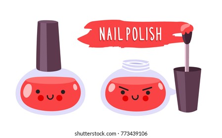 Warlike red nail polish with brush. Cute cartoon doodle character with evil face. Vector flat illustration.