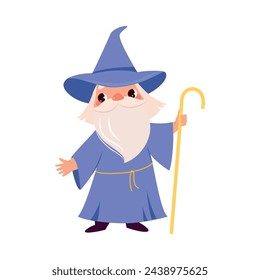 Warlock in Purple Gown and Hat with Beard and Cane as Fairy Tale Character Vector Illustration