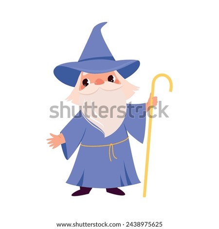 Warlock in Purple Gown and Hat with Beard and Cane as Fairy Tale Character Vector Illustration