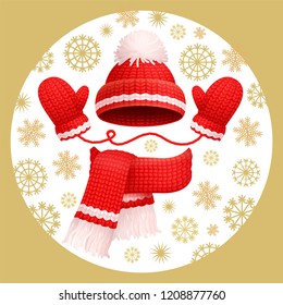 Warm 3 pieces set winter red knitted scarf, mittens and hat with pom-pom, vector. Thick woolen accessories, beanie and gloves on snowflakes backdrop