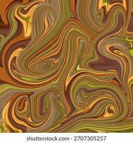 Um trabalho artístico quente e abstrato com caramelo fluido e tons de azeitona em formas orgânicas redemoinho, criando um fluxo visual texturizado e terroso.
