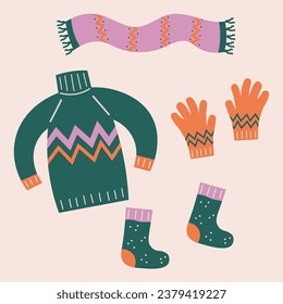 Warm accessories and clothes hand drawn flat vector illustration cartoon style. Drawing doodle with scarf, sweater, socks, gloves, cozy fashion set. Icons and design elements for print, card, template