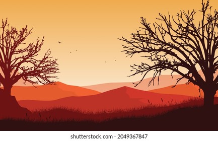 Warm afternoon atmosphere with fantastic mountains views from the edge of town. Vector illustration of a city