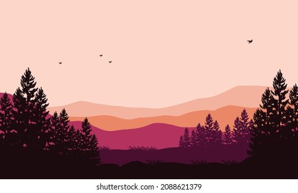 A warm afternoon in the countryside with stunning mountain views. Vector illustration of a city