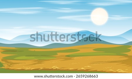 Warm afternoon sun illuminates expansive landscape with rolling hills and distant mountains.